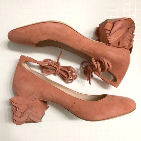 NWT Loeffler Randall pink suede leather ruffled block heel Clea pump - Picture 4 of 12